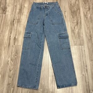 MRP Juniors Wide Leg Cargo Jeans Light Wash High Rise Size 28